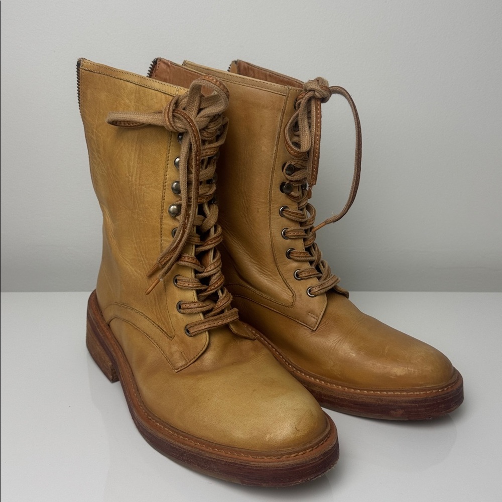 FREE PEOPLE SANTA FE Tan Leather Lace-Up Combat Boots 39 US 8.5